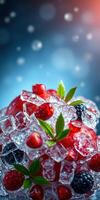 Fresh berries and cherries nestled in ice cubes create a refreshing summer display against a cool blue background photo