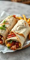 Delicious wraps filled with fresh vegetables and served with crispy fries in a casual dining setting photo