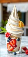 Delicious creamy soft serve dessert topped with fresh fruits and mint leaves in a bright cafe setting photo