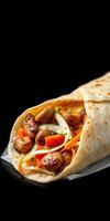 Freshly made wrap filled with grilled vegetables and savory protein served on a black background photo