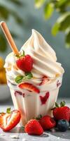 Delicious frozen yogurt topped with fresh strawberries and mint served in a clear cup on a sunny summer day photo