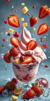 Delicious strawberry and fruit ice cream sundae with vibrant toppings and colorful presentation photo