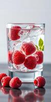 Refreshing raspberry drink with ice and mint leaves set on a dark table photo