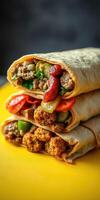Savory wraps filled with flavorful ingredients stacked on a vibrant yellow background photo