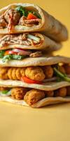 Delicious layered wraps filled with savory ingredients stacked neatly against a bright background photo