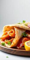 Savory flatbread wrap filled with spicy chicken and fresh herbs on a wooden plate photo