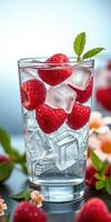 Refreshing raspberry drink with ice cubes garnished with mint leaves in a clear glass photo