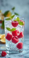 Refreshing raspberry and mint drink served with ice in a clear glass, perfect for a warm day photo