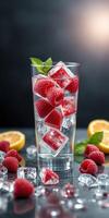 Refreshing raspberry drink with ice and citrus placed on a dark background photo