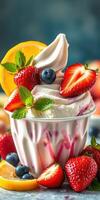 Delicious dessert featuring soft serve ice cream topped with fresh strawberries and blueberries in a vibrant setting photo