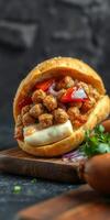 Delicious sandwich filled with crispy chickpeas, fresh vegetables, and creamy sauce on a wooden board photo