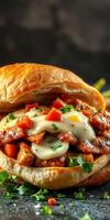 Flavorful spicy chicken sandwich with fresh toppings and creamy sauce photo
