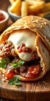 Delicious wrap filled with savory meat, sauce, and creamy topping served with fried potatoes photo