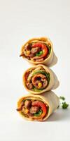 Delicious wraps filled with savory beef, fresh vegetables, and flavorful sauces prepared in a bright kitchen setting photo