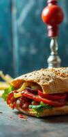 Freshly made sandwich loaded with vegetables and served at a rustic cafe setting photo