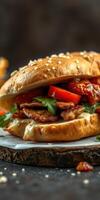 Lively sandwich topped with grilled vegetables and herbs served on a wooden board in a rustic setting photo
