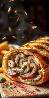 Savory wrap filled with seasoned meat and fresh ingredients, served with crispy fries in a cozy restaurant setting photo