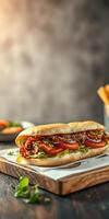 Delicious sandwich loaded with fresh ingredients served on a wooden platter in a cozy setting photo