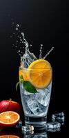 Refreshing citrus drink with splashes and fruit garnishes in a clear glass photo