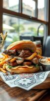 Delicious grilled chicken sandwich served with crispy fries at a cozy eatery during lunchtime photo