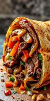Delicious beef wrap filled with fresh vegetables and savory sauce ready to be enjoyed at a casual dining spot photo