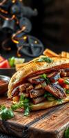 Savory sandwich filled with grilled meat and fresh vegetables served with dipping sauce on a rustic wooden board photo