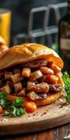 Deliciously stacked sandwich with savory fillings and fresh ingredients served on a wooden board photo