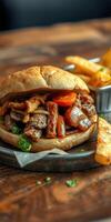Satisfying sandwich with grilled meat and fresh vegetables served with golden fries on a wooden table photo