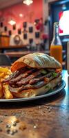Delicious sandwich with grilled meat and fries served in a cozy cafe setting at lunchtime photo