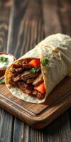 Delicious wrap filled with spiced meat and fresh vegetables served on a wooden board photo
