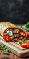 Deliciously prepared wrap with tender meat, fresh vegetables, and savory sauce on a wooden board photo