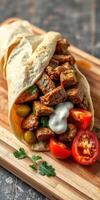 Flavorful wrap filled with seasoned meat, fresh vegetables, and creamy sauce on a wooden board photo
