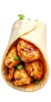Savory chicken wrapped in soft tortilla with spicy sauce and fresh herbs photo