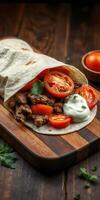 Delicious wrap filled with seasoned meat, fresh tomatoes, and creamy sauce on a wooden board photo