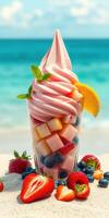 Cool summer dessert featuring soft serve ice cream and fresh fruit by the beach photo