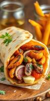 Delicious wrap filled with grilled meats, veggies, and served with golden fries in a vibrant setting photo
