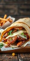 Tasty grilled chicken wrap served with crispy fries in a cozy dining setting photo