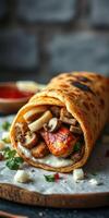 Delicious wrap filled with grilled chicken, mushrooms, and cheese served with spicy sauce at a cozy eatery photo