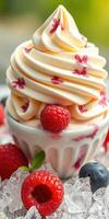 Swirled vanilla dessert topped with fresh raspberries and blueberries on a sunny day photo