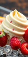Stunning dessert featuring creamy soft serve ice cream topped with fresh raspberries and icy garnish served in a vibrant bowl photo