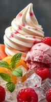Delicious dessert featuring creamy soft serve, raspberry sorbet, fresh raspberries, and vibrant fruits served in an elegant presentation photo