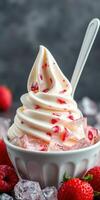 Delicious soft serve ice cream topped with fresh raspberry pieces and served with ice cubes photo