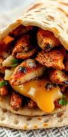 Grilled chicken wrapped in a warm tortilla with melted cheese and spices ready to be enjoyed photo