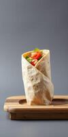 Delicious fresh wrap filled with vegetables served on a wooden plate in a modern setting photo