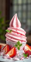 Delightful strawberry swirl frozen dessert served with fresh strawberries and mint leaves photo