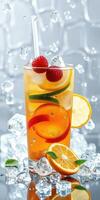Refreshing fruit cocktail served over ice with colorful garnishes in a chilled glass photo