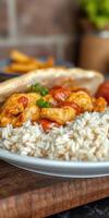 Delicious plate of chicken in sauce served with rice and fresh vegetables photo