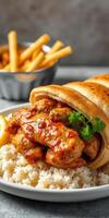 Delicious chicken wings served with rice and fries in a cozy setting for a satisfying meal experience photo