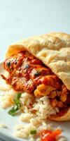Savory chicken wrapped in soft bread served with fluffy rice on a plate photo