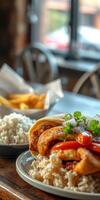 Delicious wrap filled with grilled chicken and vegetables served with rice and fries in a cozy restaurant setting photo